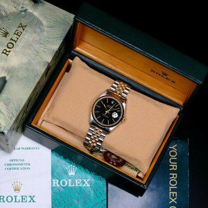 MEN'S ROLEX DATEJUST BLACK INDEX DIAL FLUTED 16233 WITH ORIGINAL BOX AND PAPERS